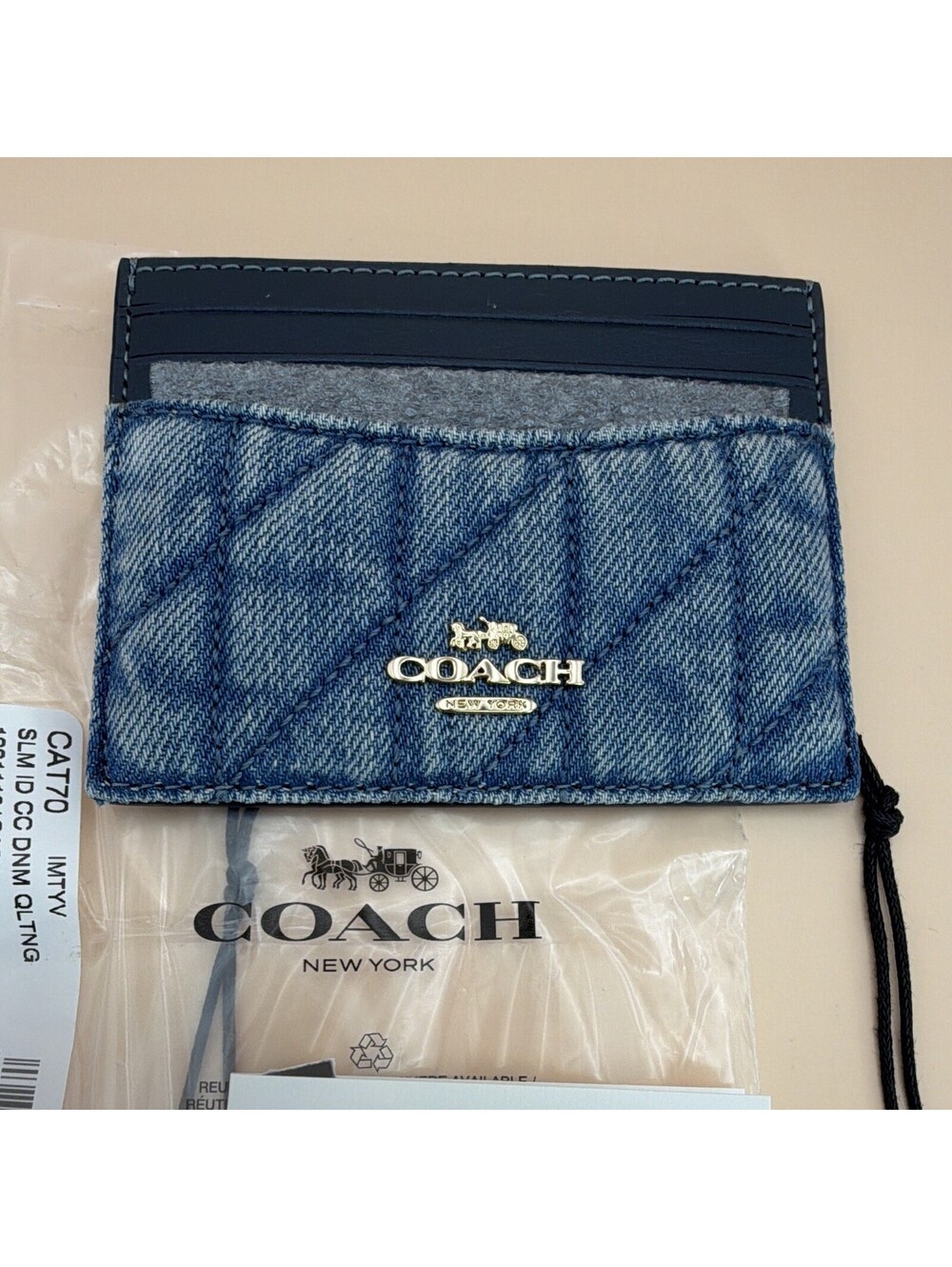 Coach Quilted Slim ID Card Holder Solid Indigo Blue Navy Logo Credit Card Women